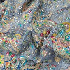 Grey Crepe Base Fabric with Multicolor Embroidery & Zari, Sequin work