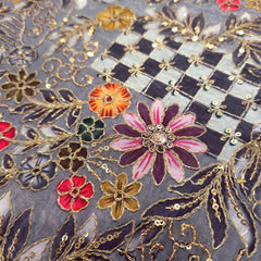 Embroidered Zari & Sequins Work Crepe with Floral & Geometric Position Print - Black Color