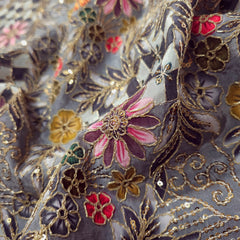 Embroidered Zari & Sequins Work Crepe with Floral & Geometric Position Print - Black Color
