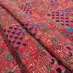Embroidered Zari & Sequins Work Crepe with Floral & Geometric Position Print - Coral Pink Color