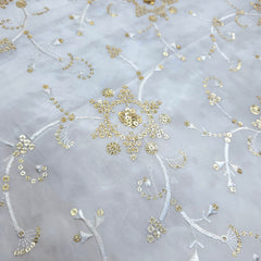 White Crepe Base Fabric with Golden Floral Sequin Embroidery