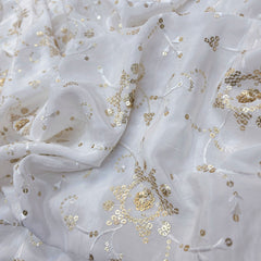 White Crepe Base Fabric with Golden Floral Sequin Embroidery