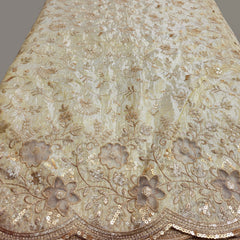 Dyeable Embroidered Shimmer Tissue all over Floral Fabric with Sequin, Zari Work Net Border
