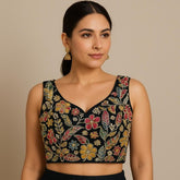 Jasmin Black Color Base Multicolor Floral Embroidered Blouse with Sweetheart Neckline