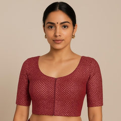 Gold Koyari Deep Maroon Color Banarasi Brocade Blouse with Round Neckline