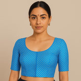 Gold Koyari Bright Sky Blue Color Banarasi Brocade Blouse with Round Neckline