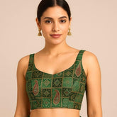 Aarasi Pure Banarasi Dola Silk Soft Brocade Blouse with Position Print on Green Base and Round Neckline and Round Neckline
