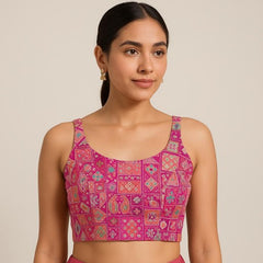 Aarasi Pure Banarasi Dola Silk Soft Brocade Blouse with Position Print on Fuchsia Pink Base and Round Neckline