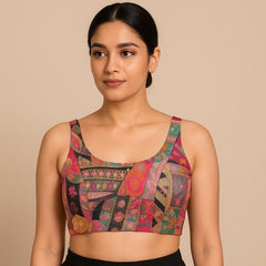 Aarasi Pure Banarasi Dola Silk Soft Brocade Blouse with Position Print on Peach Base and Round Neckline