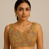 Jasmin Mustard Color Base Multicolor Floral Embroidered Blouse with Sweetheart Neckline
