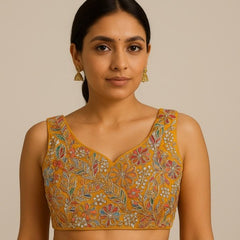 Jasmin Mustard Color Base Multicolor Floral Embroidered Blouse with Sweetheart Neckline