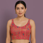 Aarasi Pure Banarasi Dola Silk Soft Brocade Blouse with Position Print on Raspberry Pink Base and Round Neckline