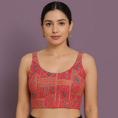 Aarasi Pure Banarasi Dola Silk Soft Brocade Blouse with Position Print on Raspberry Pink Base and Round Neckline