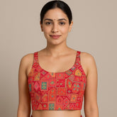 Aarasi Pure Banarasi Dola Silk Soft Brocade Blouse with Position Print on Crimson Red Base and Round Neckline