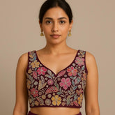 Jasmin Purple Color Base Multicolor Floral Embroidered Blouse with Sweetheart Neckline