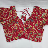 Embroidered Red Silk Brocade Blouse with Curvy V Neckline