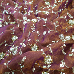 Mirha Hand Embroidered Brown Organza Shimmer Tissue with intricate Floral Sequin Embroidery