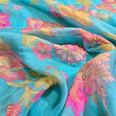 Multi-color Floral Digital Print on Sky Blue Organza Fabric with Handwork
