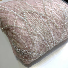 Salmon Pink Embroidered Net Fabric with Heavy Sequins, Beads & Pearl Work