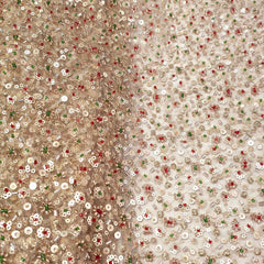 Embroidered Golden Net Fabric with Red, Green Golden all over Cutdana & Sequin work