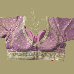 Embroidered Shimmer Lilac Blouse with Half Sleeves and Sweetheart Neckline