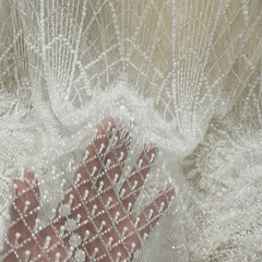 Ivory Embroidered Net Fabric with Heavy Sequins, Beads & Pearl Work