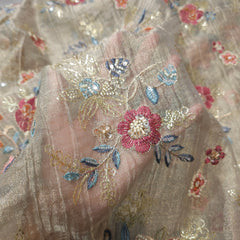 Embroidered Grey Color Crush Organza Fabric with Multi-color Intricate Floral patterns