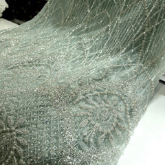 Pastel Aqua Embroidered Net Fabric with Heavy Sequins, Beads & Pearl Work