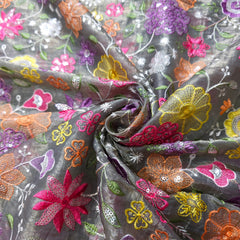 Multi-color Floral Resham work on Grey Soft Organza with Sequin Highlights