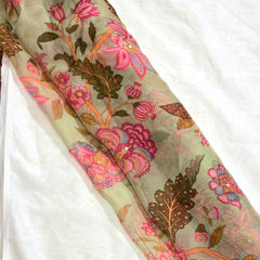 Multi-color Floral Digital Print on Pista Green Organza Fabric with Handwork