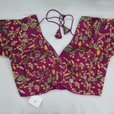 Embroidered Purple Silk Brocade Blouse with Curvy V Neckline