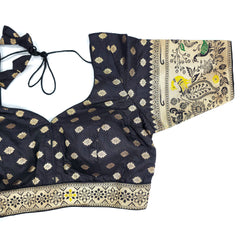 Embroidered Black Silk Brocade Blouse with Sweetheart Neckline