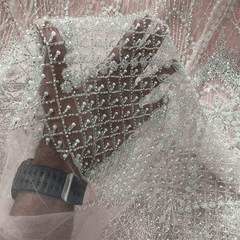 Blush Pink Embroidered Net Fabric with Heavy Sequins, Beads & Pearl Work