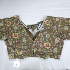 Embroidered Mehendi Green Blouse with Half Sleeves and V Neckline