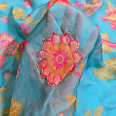 Multi-color Floral Digital Print on Sky Blue Organza Fabric with Handwork