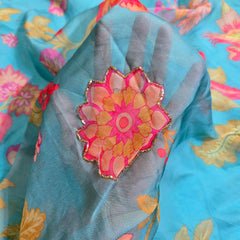 Multi-color Floral Digital Print on Sky Blue Organza Fabric with Handwork