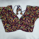 Embroidered Wine Silk Brocade Blouse with Curvy V Neckline