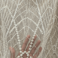Vanilla Mocha Embroidered Net Fabric with Heavy Sequins, Beads & Pearl Work