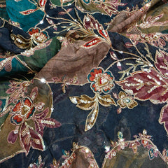 Peacock Blue Organza Mahima Mahajan inspired with cutdana & sequin work with Floral Position Print