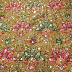 Mehendi Green Color Crepe Fabric with Multicolor Embroidery & Mirror Highlights
