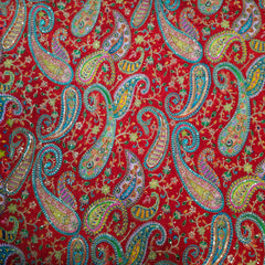 Bright Red Crepe Base Fabric with Multicolor Embroidery & Zari, Sequin work