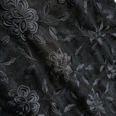 Embroidered Black Net Fabric with all over Floral Pattern