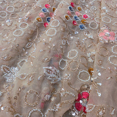 Multicolor Floral Embroidered Beige Net Fabric with White Beads, Cutdana & Sequins