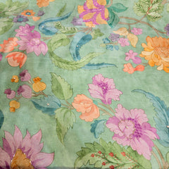 Multi-color Floral Digital Print on Mint Green Organza Fabric with Handwork