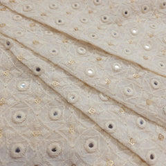 Embroidered Off-White Dyeable Georgette Fabric in Geometric & Floral Pattern with Mirror Highlights