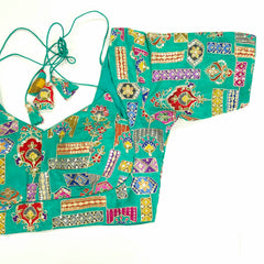 Embroidered Turquoise Blouse - Sweetheart Neckline with tie -up dori