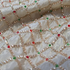 Embroidered Dyeable shimmer Tissue Fabric with Checkered Pattern Golden, Green & Red Cutdana Work