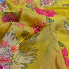Multi-color Floral Digital Print on Pale Yellow Organza Fabric with Handwork