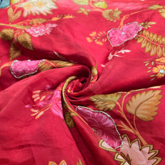 Multi-color Floral Digital Print on Red Organza Fabric with Handwork