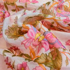 Multi-color Floral Digital Print on Peach Organza Fabric with Handwork